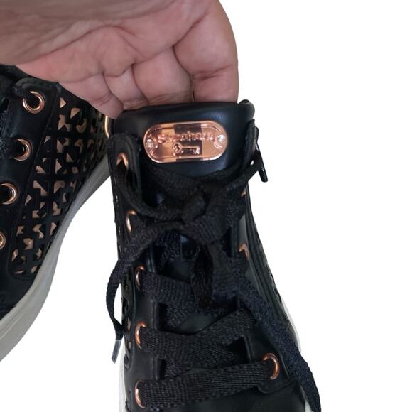 Skechers Faux Leather Geometric Design Side Zip High Top Sneakers Black Gold 13 - Picture 5 of 7